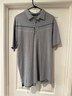 TravisMathew Light Gray Polo with Teal Chest Stripe